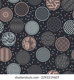 Fashionable bandana swatch vector endless ornament. Circular shapes with oriental abstractions inside. Asian motives in circles. Dotted texture background. Tea packaging design.