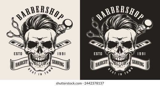 Fashionable barbershop monochrome vintage flyer with brutal skull with scary grin and stylish hairstyle near hairdresser tools vector illustration