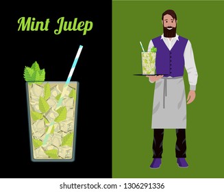 Fashionable barman with a beard and a hipster mustache in a red yolk and white apron isolated on a color background. Vector flat illustration. The bartender stands with a cocktail Mint Julep.