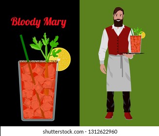 Fashionable barman with a beard and a hipster mustache in a red yolk and white apron isolated on a color background. Vector flat illustration. The bartender stands with a cocktail Bloody Mary.