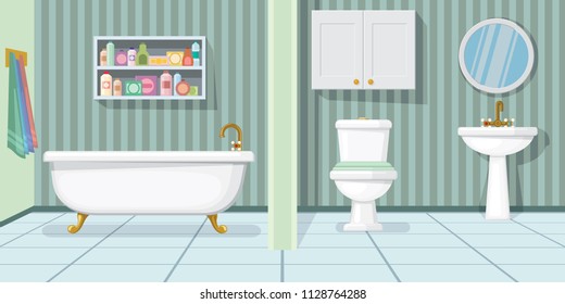 Fashionable bathroom vector illustration. Modern bathtub, toilet and sink in bathroom with stripped wallpaper. Interior illustration