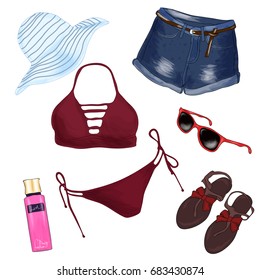 Fashionable beach outfit. A set of summer women's clothes and accessories. Sketch. Vector illustration.