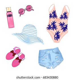 Fashionable beach outfit. A set of summer women's clothes and accessories. Sketch. Vector illustration.