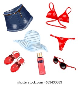 Fashionable beach outfit. A set of summer women's clothes and accessories. Sketch. Vector illustration.