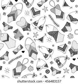 Fashionable beachwear - bikini, swimsuit, swimwear seamless pattern. Hand drawn vector black and white illustration. Cartoon doodle - bra, panties, flip flops, sea star, sun, shell, sun, word "bikini"