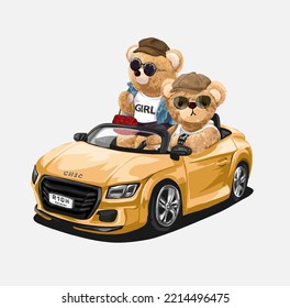 fashionable bear doll couple in yellow car vector illustration