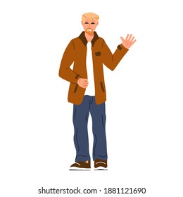 Fashionable bearded blonde man waving hand. Young fashionable male in jacket and oversize jeans. Modern trendy hipster look. Flat cartoon vector illustration.
