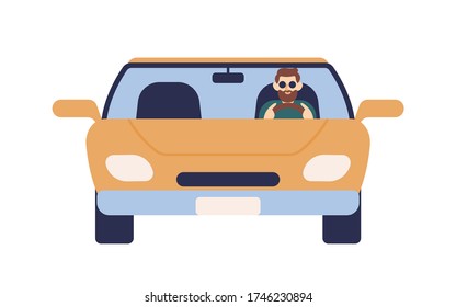 Fashionable bearded guy in sunglasses driving car vector flat illustration. Male driver on automobile front view isolated on white background. Successful man hold wheel ride on transportation