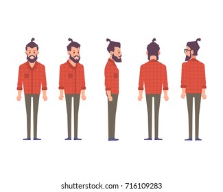 Fashionable Bearded hipster man character. Front, side, back view of man for animation. Cartoon style, flat vector illustration.