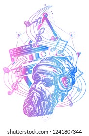 Fashionable bearded man and old audio cassette tattoo. Symbol of pop music, hard rock, heavy metal, disco t-shirt design 