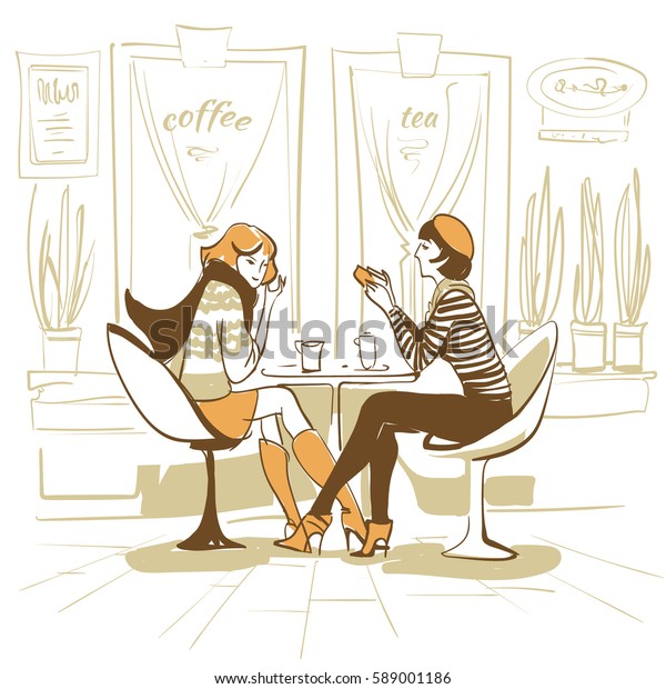 Fashionable beautiful girls sitting at a table in a café on the street. Linear drawing.