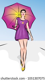 Fashionable, beautiful girl is walking down the street under an umbrella. Vector illustration.