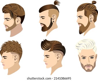 Fashionable beautiful men's haircuts and hairstyles in 2022 Set of model samples for banners stickers and for advertising hairdressing business Vector illustration