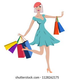 Fashionable beautiful modern girl with shopping. Fashion vector