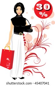 Fashionable beautiful woman with bag and package. Vector