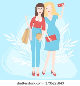 Fashionable beautiful women take selfies on their phone. Flat design. Colorful vector illustration.