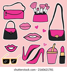 Fashionable Beauty Essentials - Elevate your designs with this stylish female beauty icon. Showcasing a yellow, pink, and black color palette, it includes a clutch handbag, sling bag, and makeup brush