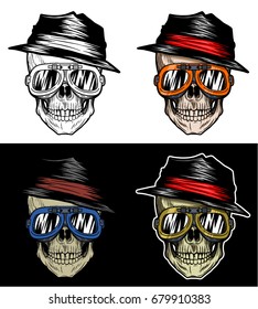 Fashionable Biker Skull With Boss Hat and Goggles, Hand Drawing With 4 variation Color, line out, shadow, highlight