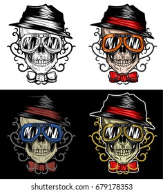 Fashionable Biker Skull Wearing Hat and goggles With Tribal Background, Hand Drawing With 4 variation Color