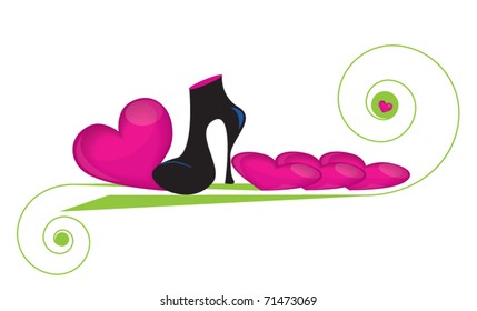 A fashionable black boot is trampled down on in love hearts