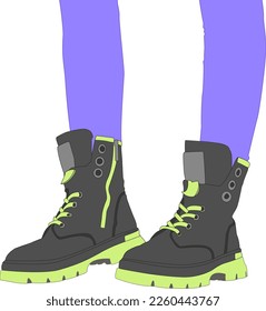 Fashionable black combat boots. Travel boots shoes. High boots with laces. Vector isolated illustration. Light green platform. For military, outdoor, and fashion design.