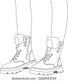 Fashionable black line combat boots. Travel boots shoes. High boots on green platform with laces. Vector isolated illustration. For military, outdoor, and fashion design.