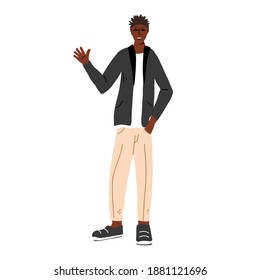 Fashionable black man waving hand. Young fashionable guy in jacket and trousers. Modern trendy hipster look. Flat cartoon vector illustration.