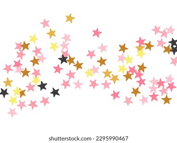 Fashionable black pink gold stars falling vector background. Many stardust spangles birthday decoration particles. Celebration stars falling wallpaper. Spangle particles greeting decor.