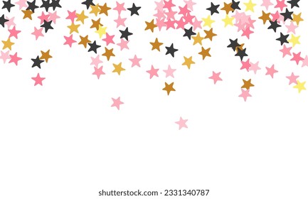 Fashionable black pink gold stars magic scatter illustration. Many stardust spangles xmas decoration confetti. Baby shower stars magic wallpaper. Spangle symbols congratulations decor.