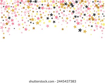 Fashionable black pink gold stars falling scatter illustration. Little starburst spangles New Year decoration confetti. Party decor stars falling backdrop. Sparkle symbols congratulations decor.