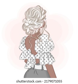 Fashionable blonde in a blouse with an open back, with hairpins, with a stylish hairstyle, print fashion vector illustration