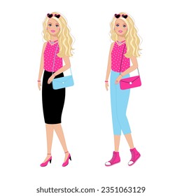 Fashionable blonde girl in pink. Pink doll. Vector stock illustration.