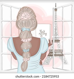 Fashionable blonde reading a book in front of the Eiffel Tower and window, back view, vector illustration