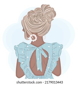 Fashionable blonde with stylish hair in a sundress, with cute earrings, print fashion vector illustration