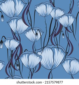 Fashionable blue background with tulips. Seamless pattern for printing on the material, advertising booklets. Скетч. Stylized as a watercolor.