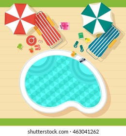 Fashionable blue swimming pool for a summer holiday. Top view. Template for advertising price tags, booklets, leaflets. Cartoon flat vector illustration. Objects isolated on background.