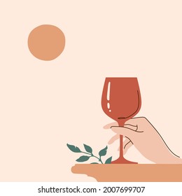 Fashionable boho illustration of a hand with a glass of wine  in a trendy style. Modern vector art for interior, social media and other.