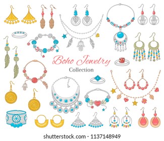 Fashionable boho jewelry accessories collection, vector hand drawn doodle illustration. fashionable bracelets, necklaces, earrings and rings, isolated on white background.