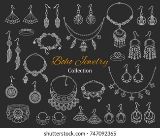 Fashionable boho jewelry accessories collection, vector hand drawn doodle illustration. fashionable  bracelets, necklaces, earrings and rings, isolated on chalkboard background.