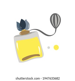 Fashionable bottle of perfume and perfume vector. Line art drawing with abstract shape and color spots and circles yellow grey. Art design minimal and wall art. Flat style illustration.