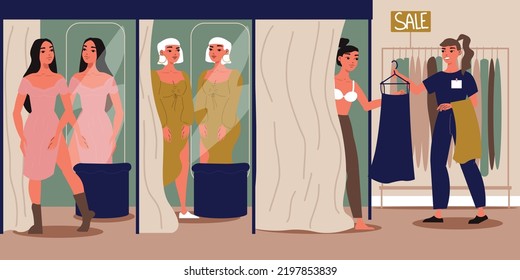 Fashionable boutique store background with fitting room flat vector illustration