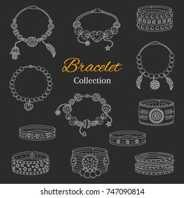 Fashionable bracelets collection, vector hand drawn  doodle illustration, isolated on chalkboard background.