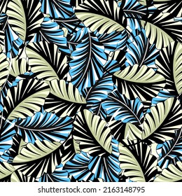Fashionable, bright seamless background with tropical leaves. Pattern for printing on material and paper.
