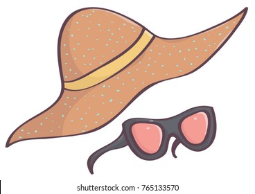 Fashionable brown hat with dots and black sunglasses, isolated vector drawing on white background