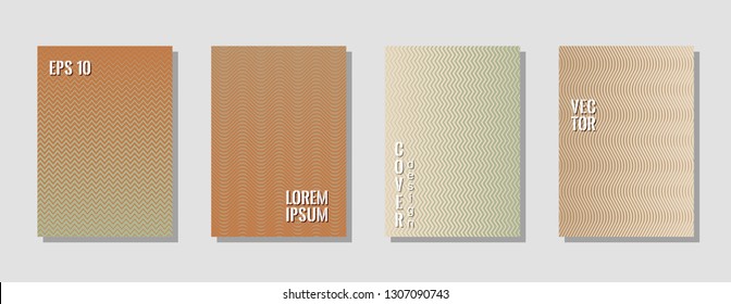 Fashionable brown zig zag banner templates, wavy lines gradient stripes backgrounds for business cover. Curve shapes stripes, zig zag edge lines halftone texture gradient catalog covers collection.