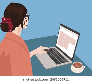 A fashionable brunette woman in a Brown jacket works for laptops. A girl working from coffee online. Online meeting. Shopping via the Internet. A girl on a blue background with a cup of coffee