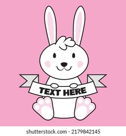 Fashionable Bunny Rabbit design with banner, congratulatory text in speech ribbon in pastel pink colors. Modern minimalist style. Illustration poster, banner, greeting card, header for website, Vector