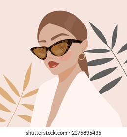 Fashionable business lady in sunglasses and a jacket. A woman in a summer look. Tropical leaves are reflected in the glasses. Avatar for social networks. Office style. Portrait of a good girl. Black 