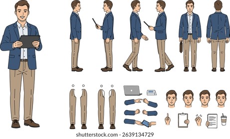 Fashionable business man holding tablet. Character constructor for animation. Front, side and back view set. Body parts, postures, poses collection.
