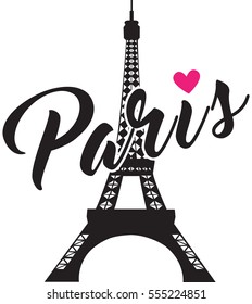 Fashionable calligraphy. Simple Graphic Design for Paris. Vector illustration on white background with Eiffel Tower and pink heart icon. Elements for design.